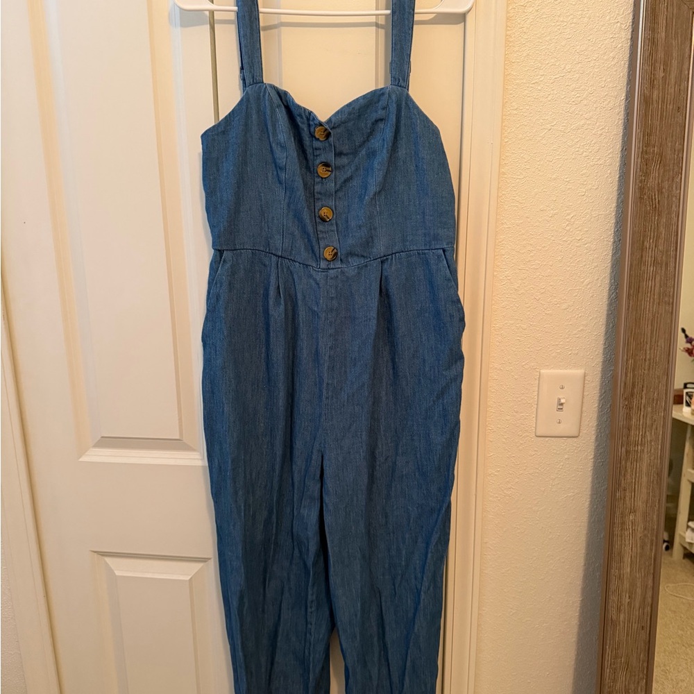 Denim Button-Front Jumpsuit with Straps